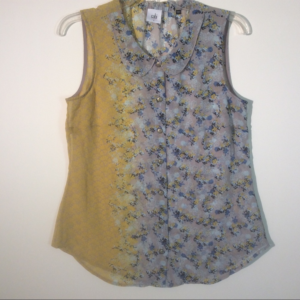 CABI Sz S Small Yellow Grey Blue Flowers Sleeveless Shirt Blouse Tank Floral Top